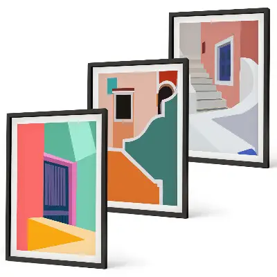 Set of 3 framed wall art pieces Colorful illustrations of buildings