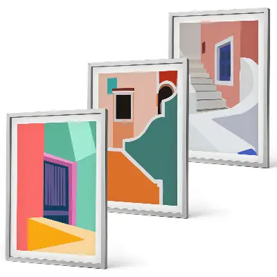 Set of 3 framed wall art pieces Colorful illustrations of buildings