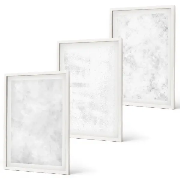 Set of 3 framed wall art pieces with white spots on a minimalist background