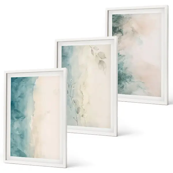 Set of 3 framed watercolor canvas wall art pieces in a minimalist style