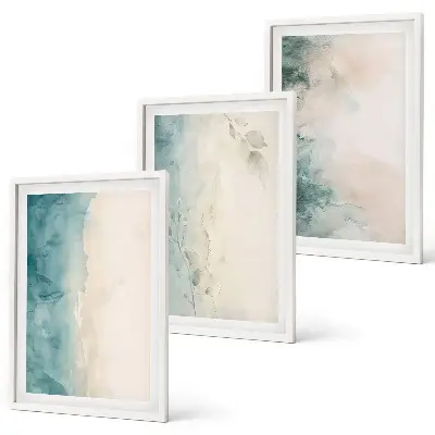 Set of 3 framed watercolor canvas wall art pieces in a minimalist style