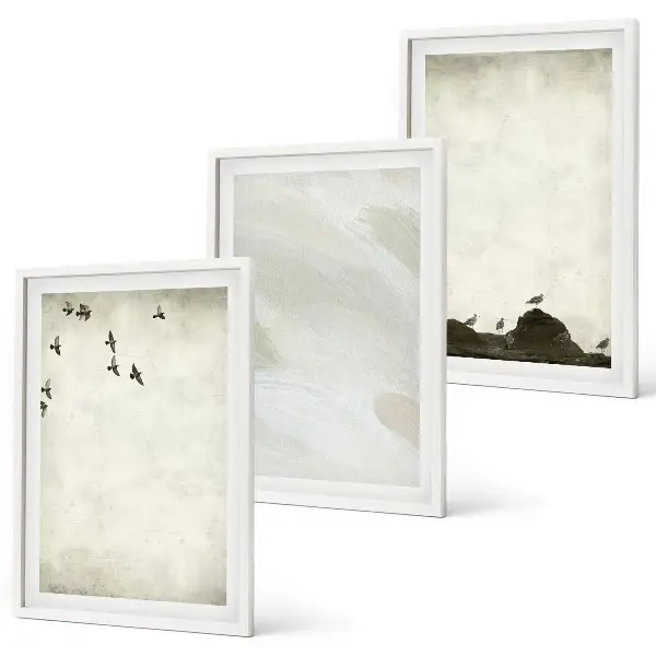 Three-piece wall art set birds and rocks with brush stroke design