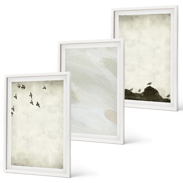 Three-piece wall art piece Birds rocks brush strokes decorations