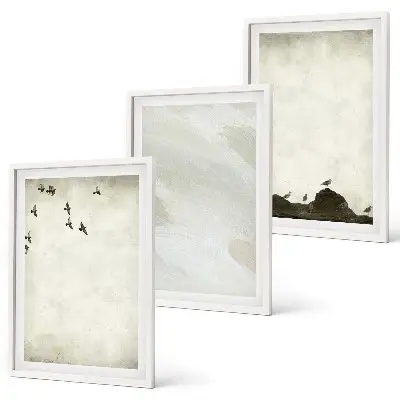 Three-piece wall art set birds and rocks with brush stroke design