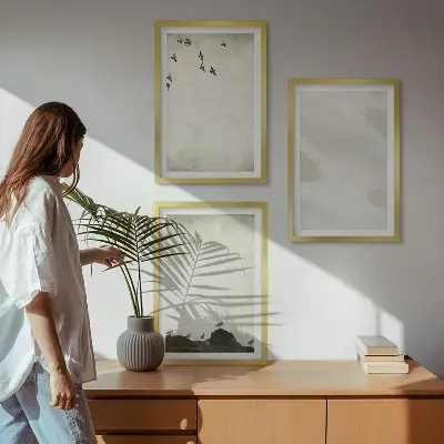 Three-piece wall art set birds and rocks with brush stroke design
