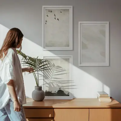 Three-piece wall art set birds and rocks with brush stroke design