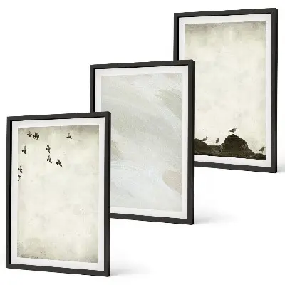 Three-piece wall art set birds and rocks with brush stroke design