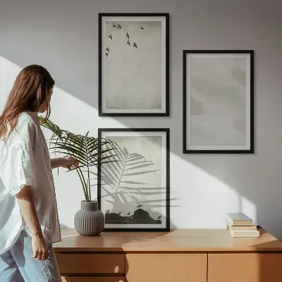 Three-piece wall art set birds and rocks with brush stroke design