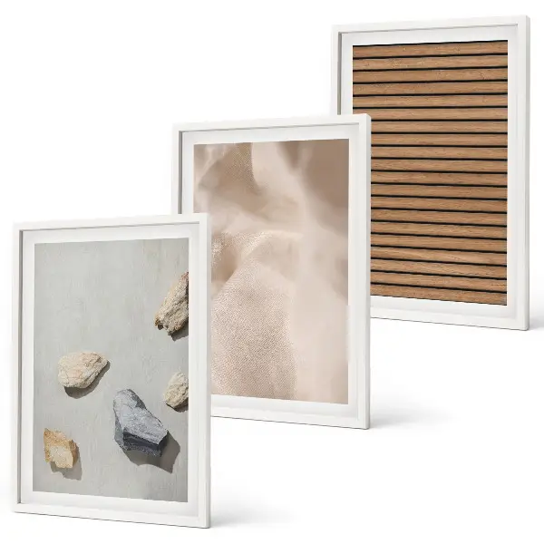 Three-piece wall art set with stones, wood, and fabric textures