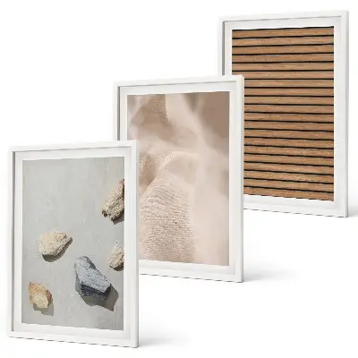 Three-piece wall art set with stones, wood, and fabric textures