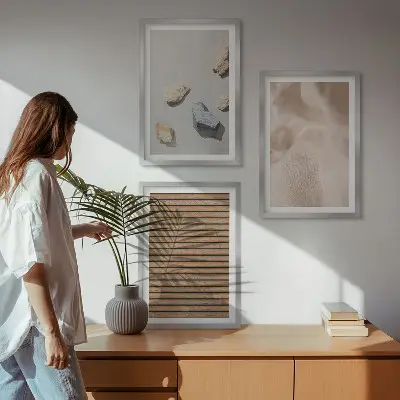 Three-piece wall art set with stones, wood, and fabric textures