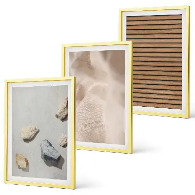 Three-piece wall art set with stones, wood, and fabric textures