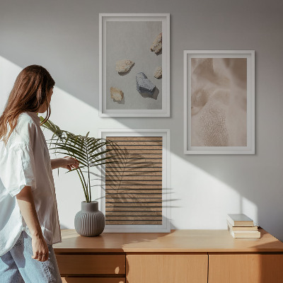 Three-piece wall art piece Stones wood fabric textures