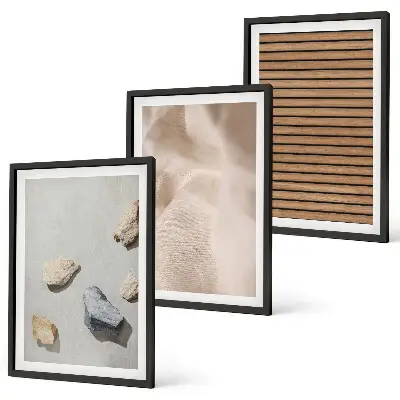 Three-piece wall art set with stones, wood, and fabric textures