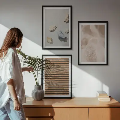 Three-piece wall art set with stones, wood, and fabric textures
