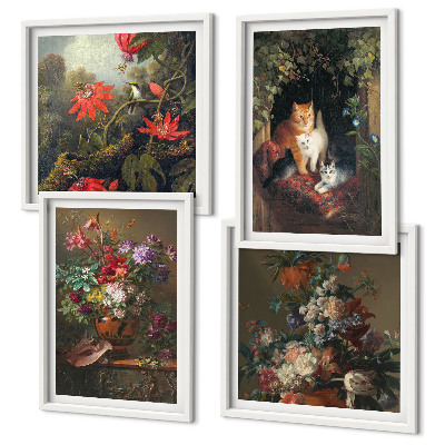 Set of 4 wall art pieces Vintage flowers cats plants