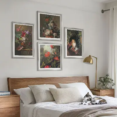 Set of 4 vintage flower cat and plant wall art prints decorative botanical and feline wall art set