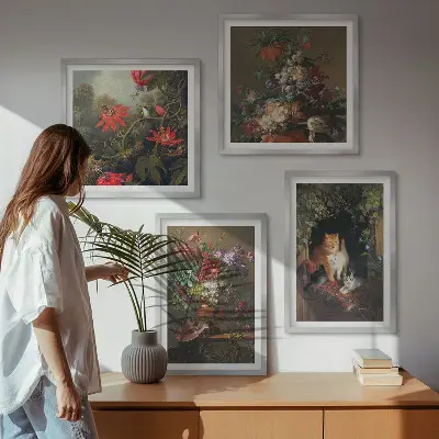Set of 4 vintage flower cat and plant wall art prints decorative botanical and feline wall art set