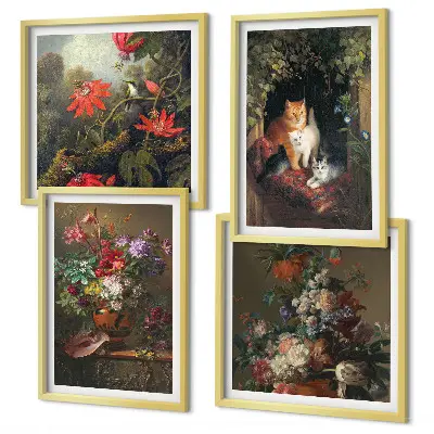 Set of 4 vintage flower cat and plant wall art prints decorative botanical and feline wall art set