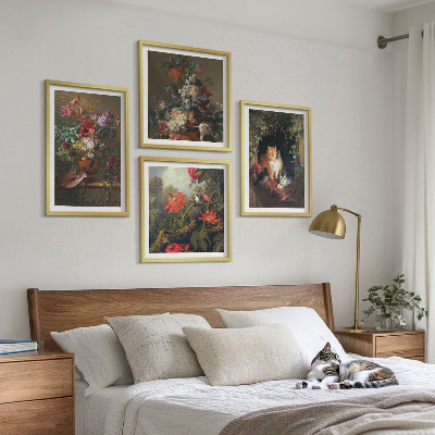 Set of 4 wall art pieces Vintage flowers cats plants