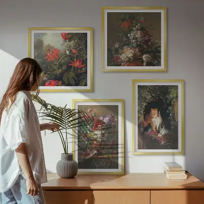 Set of 4 vintage flower cat and plant wall art prints decorative botanical and feline wall art set