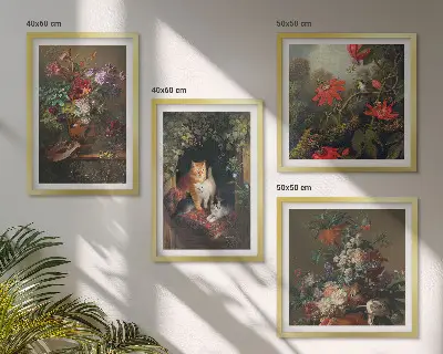 Set of 4 vintage flower cat and plant wall art prints decorative botanical and feline wall art set