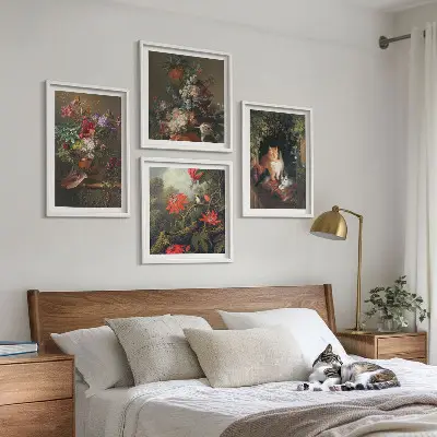 Set of 4 vintage flower cat and plant wall art prints decorative botanical and feline wall art set