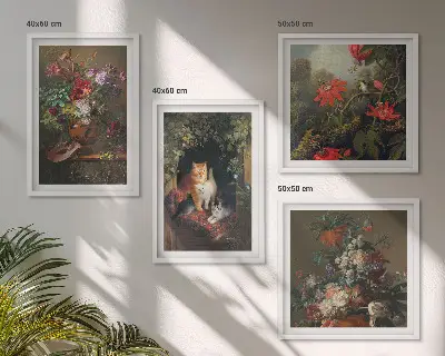 Set of 4 vintage flower cat and plant wall art prints decorative botanical and feline wall art set