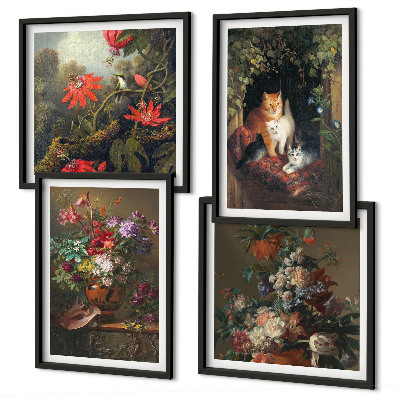 Set of 4 wall art pieces Vintage flowers cats plants