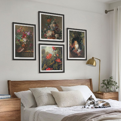 Set of 4 wall art pieces Vintage flowers cats plants