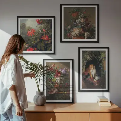 Set of 4 vintage flower cat and plant wall art prints decorative botanical and feline wall art set