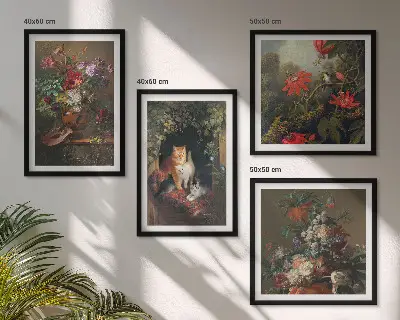 Set of 4 vintage flower cat and plant wall art prints decorative botanical and feline wall art set