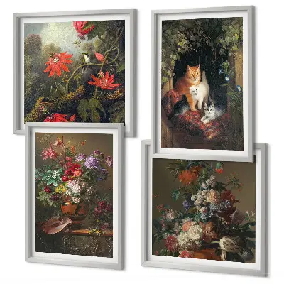 Set of 4 vintage flower cat and plant wall art prints decorative botanical and feline wall art set