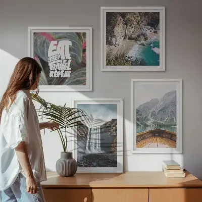 Multi-piece wall decor set featuring a waterfall mountain nature landscape