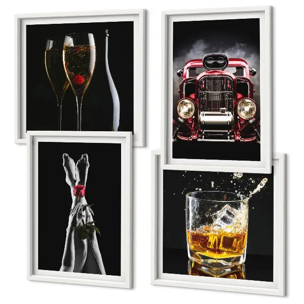 Wall art set featuring a woman's legs, a rose, a car, and wine
