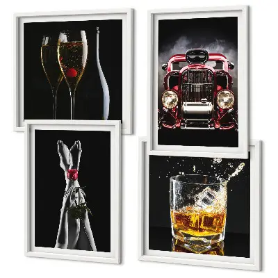 Wall art set featuring a woman's legs, a rose, a car, and wine