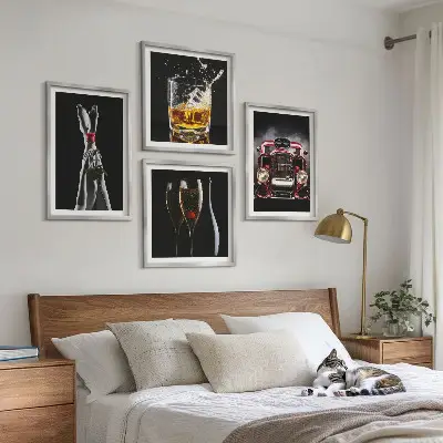 Wall art set featuring a woman's legs, a rose, a car, and wine
