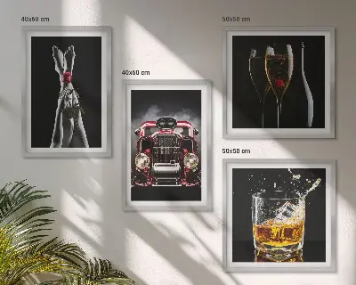 Wall art set featuring a woman's legs, a rose, a car, and wine
