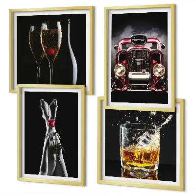 Wall art set featuring a woman's legs, a rose, a car, and wine