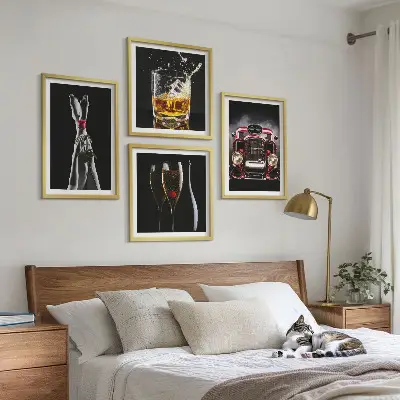 Wall art set featuring a woman's legs, a rose, a car, and wine