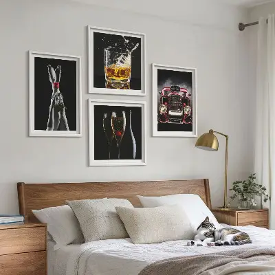 Wall art set featuring a woman's legs, a rose, a car, and wine