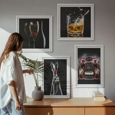 Wall art set featuring a woman's legs, a rose, a car, and wine