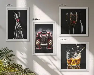 Wall art set featuring a woman's legs, a rose, a car, and wine