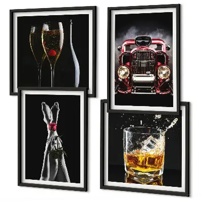 Wall art set featuring a woman's legs, a rose, a car, and wine