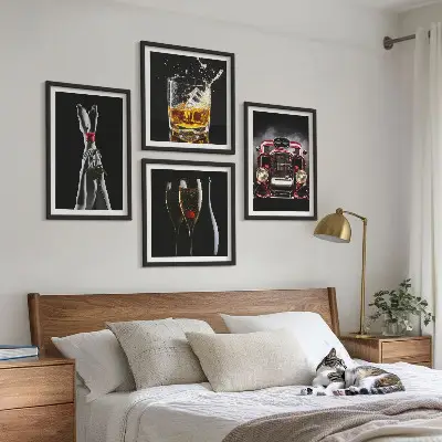 Wall art set featuring a woman's legs, a rose, a car, and wine