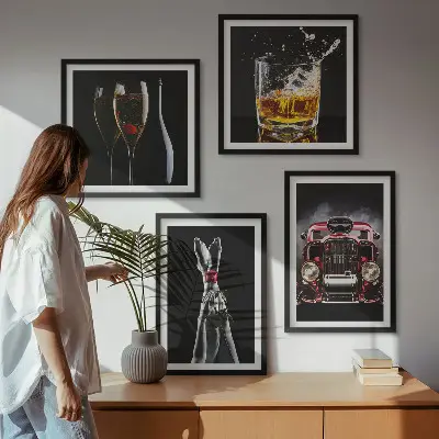 Wall art set featuring a woman's legs, a rose, a car, and wine