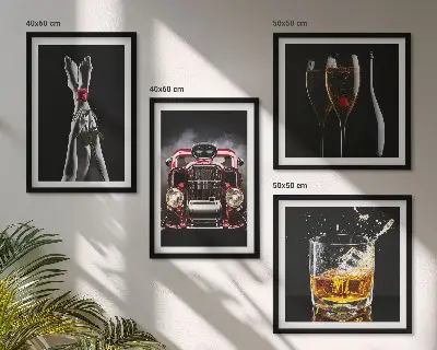 Wall art set featuring a woman's legs, a rose, a car, and wine