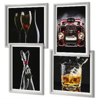 Wall art set featuring a woman's legs, a rose, a car, and wine