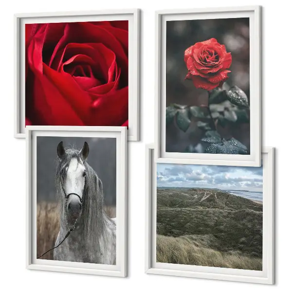 Set of 4 wall art pieces featuring red roses and a horse on a gray background