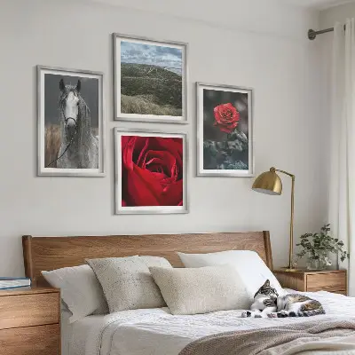 Set of 4 wall art pieces featuring red roses and a horse on a gray background